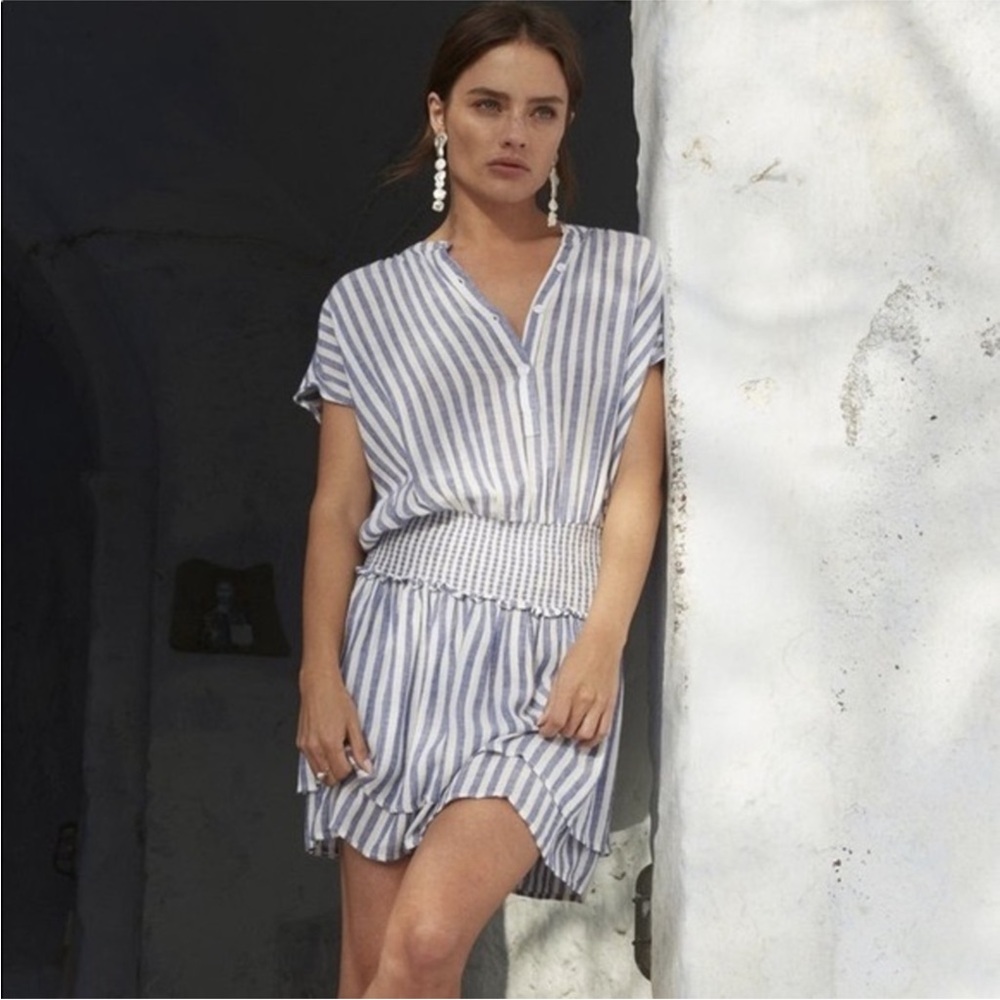 RAILS Angelina Tunic Dress Women S Blue Stripe Boracay Smocked Waist Linen Blend